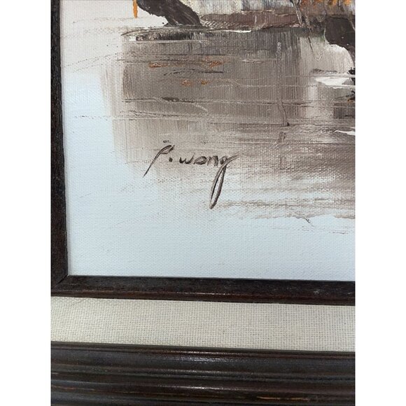 Vintage Original P. Wong Oil on Canvas Framed Chinese Junk Fishing Boats, Signed - Picture 2 of 9